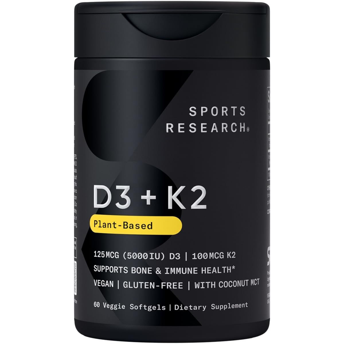 Sports Research Vitamin D3 K2 with Coconut Oil | Plant Based Vitamin K2 MK7 + Vegan D3 5000iu | Vegan Certified, Soy &amp; Gluten Free - 60 Count Softgels