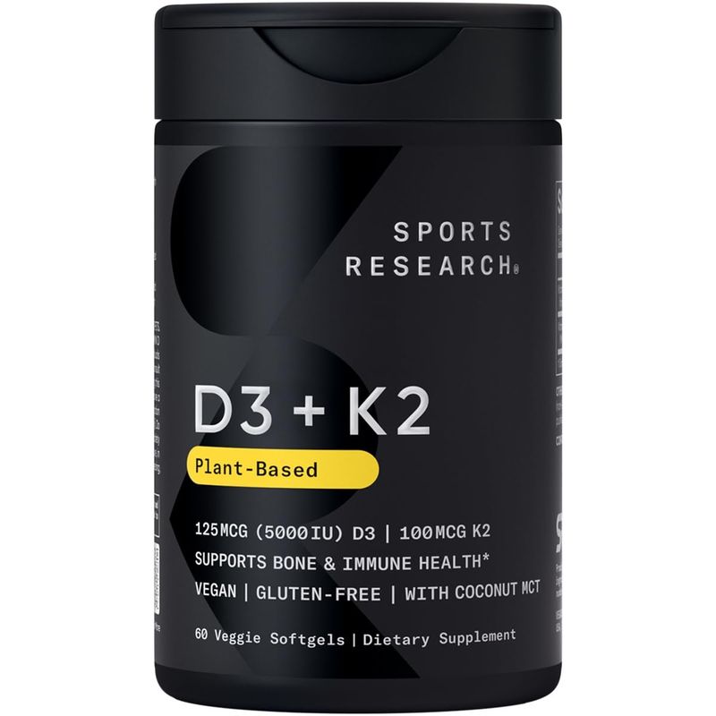 Sports Research Vitamin D3 K2 with Coconut Oil | Plant Based Vitamin K2 MK7 + Vegan D3 5000iu | Vegan Certified, Soy &amp; Gluten Free - 60 Count Softgels
