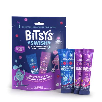 Bitsy&#39;s Swish Electrolyte Powder Packets, Hydration Drink Mix with Immunity Boosting Vitamin C, B2, Zinc &amp; Electrolytes, Gluten Free, Low Sugar, Blue Raspberry &amp; Pink Lemonade Variety Pack, 18 Sticks