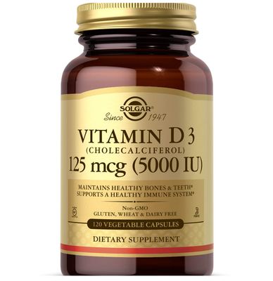 Solgar Vitamin D3 (Cholecalciferol) 125 Mcg (5000 IU), 120 Vegetable Capsules - Helps Maintain Healthy Bones &amp; Teeth - Immune System Support - Non-GMO, Gluten Free, Dairy Free, Kosher - 120 Servings