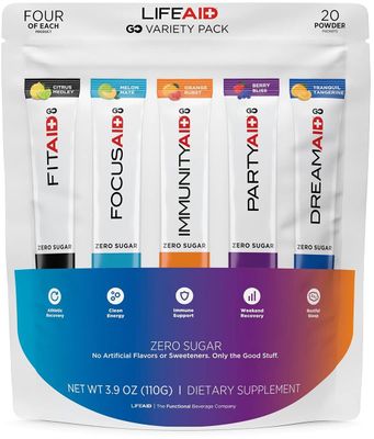 LIFEAID Rainbow Variety Pack Mix, All Zero Sugar, Post Workout Recovery, Nootropics Based Focus, Immune Boost, Dream &amp; Sleep Aid, Travel Size, No Artificial Sweeteners &amp; Flavors, 20 Count