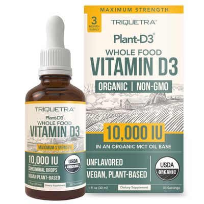 Organic Vitamin D3 10,000 IU - Plant D3, Vegan, Max Strength Sublingual Liquid D3 Drops - 200% Higher Absorption, 100% Plant-Based Cholecalciferol Form &amp; Vegan D3, Adjustable Dosing (30 Servings)