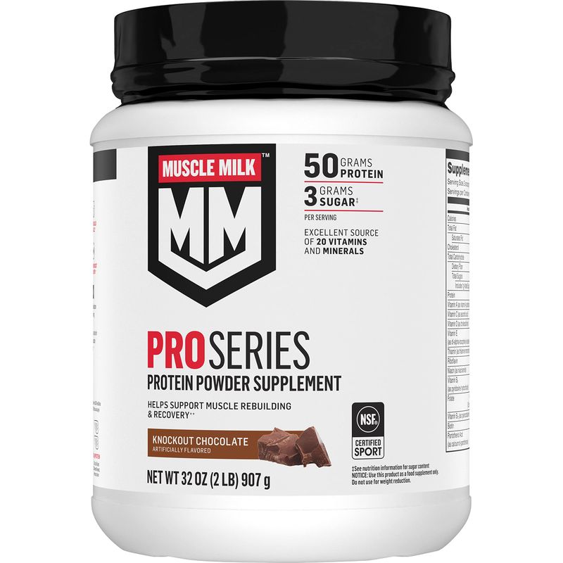 Muscle Milk Pro Series Protein Powder Supplement,Knockout Chocolate,2 Pound,11 Servings,50g Protein,3g Sugar,20 Vitamins &amp; Minerals,NSF Certified for Sport,Workout Recovery,Packaging May Vary