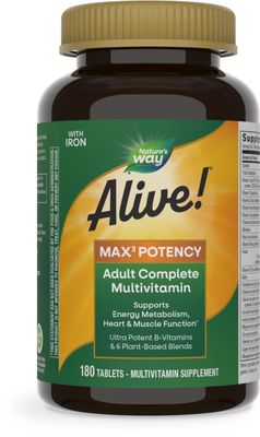 Nature&#39;s Way Alive! Max3 Potency Adult Complete Multivitamin, Ultra Potency B-vitamins to Support Energy Metabolism*, with Methylated B12 and Folate, 180 Tablets (Packaging May Vary)