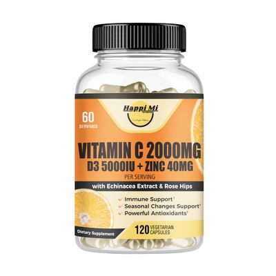 Happi Mi Nutrition Vitamin C 2000MG, Zinc 40 mg, Vitamin D3 5000 IU, Echinacea Extract, Rose Hip, Immune Support for Adults &amp; Kids, Immune Booster,120 Vegan Caps, 60 Day Supply, Non GMO, No Filler