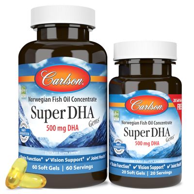 Carlson Super DHA Gems - 500 mg DHA Supplements, 640 mg Fatty Acids, Norwegian Fish Oil Concentrate, Wild-Caught, Sustainably Sourced Fish Oil Capsules, 240 Softgels
