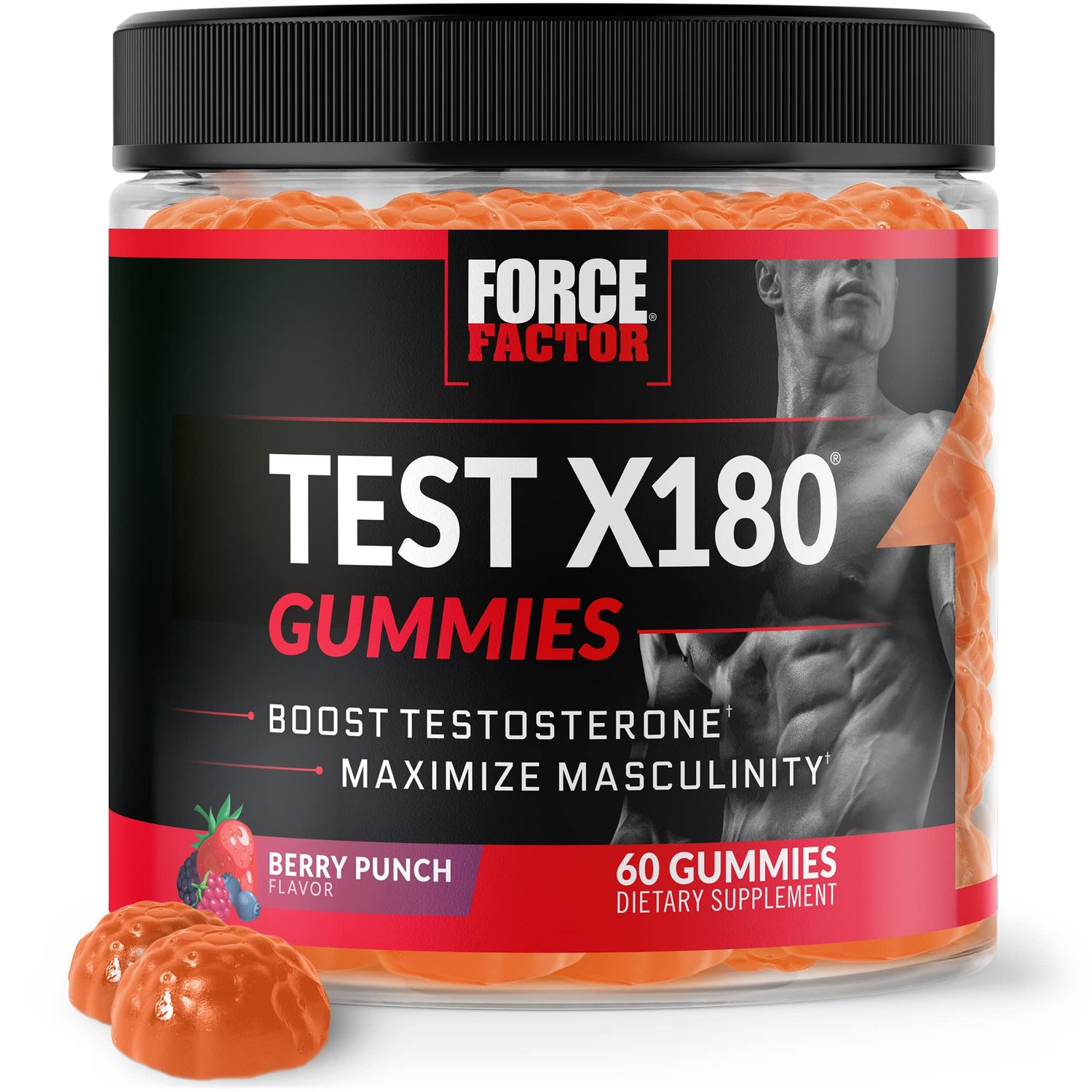 Force Factor Test X180 Gummies Testosterone Booster for Men with Tongkat Ali, Horny Goat Weed, Tribulus Terrestris, Fenugreek, &amp; Black Maca, Supplement Men, Berry Punch, 60 Gummies, 1-Pack