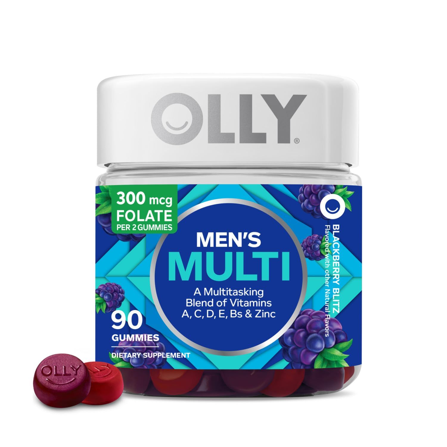 OLLY Men&#39;s Multivitamin Gummy, Vitamins A, C, D, E, B, Zinc, Blackberry Flavor, 45 Day Supply - 90 Count