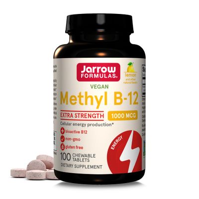 Jarrow Formulas Extra Strength Methyl B-12, Dietary Supplement for Cellular Energy Production, 100 Lemon-Flavored Chewable Tablets, Up to a 100 Day Supply