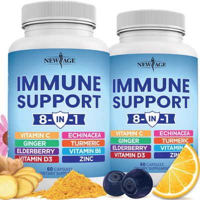 NEW AGE 8 in 1 Immune Support Booster Supplement with Echinacea, Vitamin C and Zinc 50mg, Vitamin D 5000 IU, Turmeric Curcumin &amp; Ginger, B6, Elderberry 120 Count (Pack of 2)