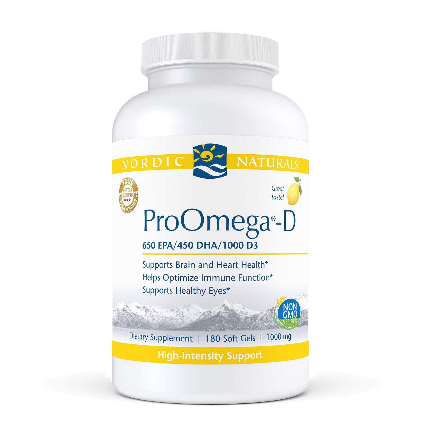 Nordic Naturals ProOmega-D, Lemon Flavor - 180 Soft Gels - 1280 mg Omega-3 + 1000 IU D3 - High-Potency Fish Oil - EPA &amp; DHA - Brain, Eye, Heart, Joint, &amp; Immune Health - Non-GMO - 90 Servings