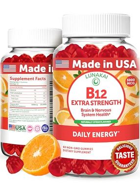 Lunakai Extra Strength 3000mcg Vitamin B12 Gummies - USA Made, Delicious Daily Energy &amp; Metabolism Support - Vegan B12 Methylcobalamin Supplement 60ct