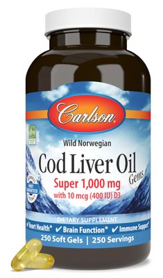 Carlson - Cod Liver Oil Gems, Super 1000 mg, 250 mg Omega-3s, 400 IU (10 mcg) Vitamin D3, Wild Caught Norwegian Arctic Cod Liver Oil, Nordic Fish Oil Capsules, 250 Softgels