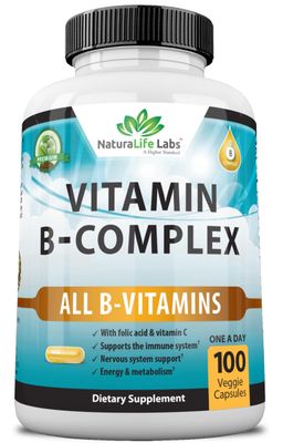 NaturaLife Labs A Higher Standard Vitamin B Complex with Vitamin C and Folic Acid - B12, B1, B2, B3, Vitamin B5 Pantothenic Acid, B6, B7, B9 - Nervous System Support 100 Veggie Capsules