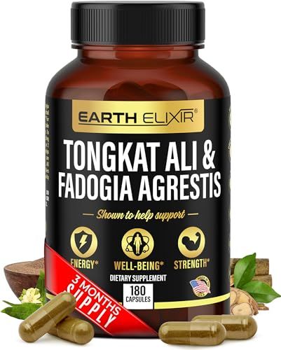 Earth Elixir Fadogia Agrestis 600mg and Tongkat Ali 500mg Supplements (180 Capsules) - Made in USA - 3 Month Supply - 3rd Party Tested - Long Jack - Tongkat Ali Fadogia Agrestis for Men and Women