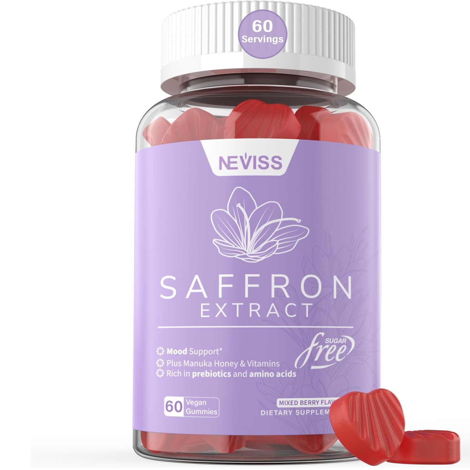 Saffron Gummies - Saffron Supplement Gummies 100% Pure Saffron Extract Whole Herb Gummies with Honey for Mood &amp; Power, Vitamin B6, B12, D3, C - Sugar Free - Organic, Vegan, Mixed Berry Flavor - 60Cts