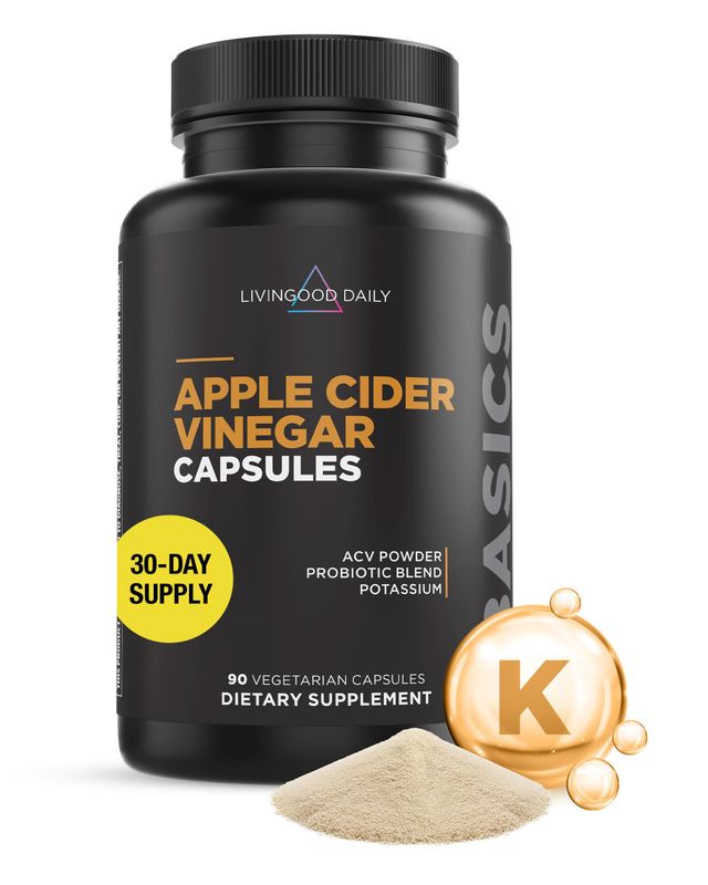 Livingood Daily Apple Cider Vinegar Capsules with The Mother (1500mg) - ACV Pills with Probiotics &amp; Potassium for Women &amp; Men - Supports Gut Health, Digestion, Appetite &amp; Weight - Vegan, 90 Capsules