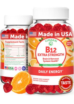 Lunakai Extra Strength 3000mcg Vitamin B12 Gummies - USA Made, Delicious Daily Energy &amp; Metabolism Support - Vegan B12 Methylcobalamin Supplement 60ct