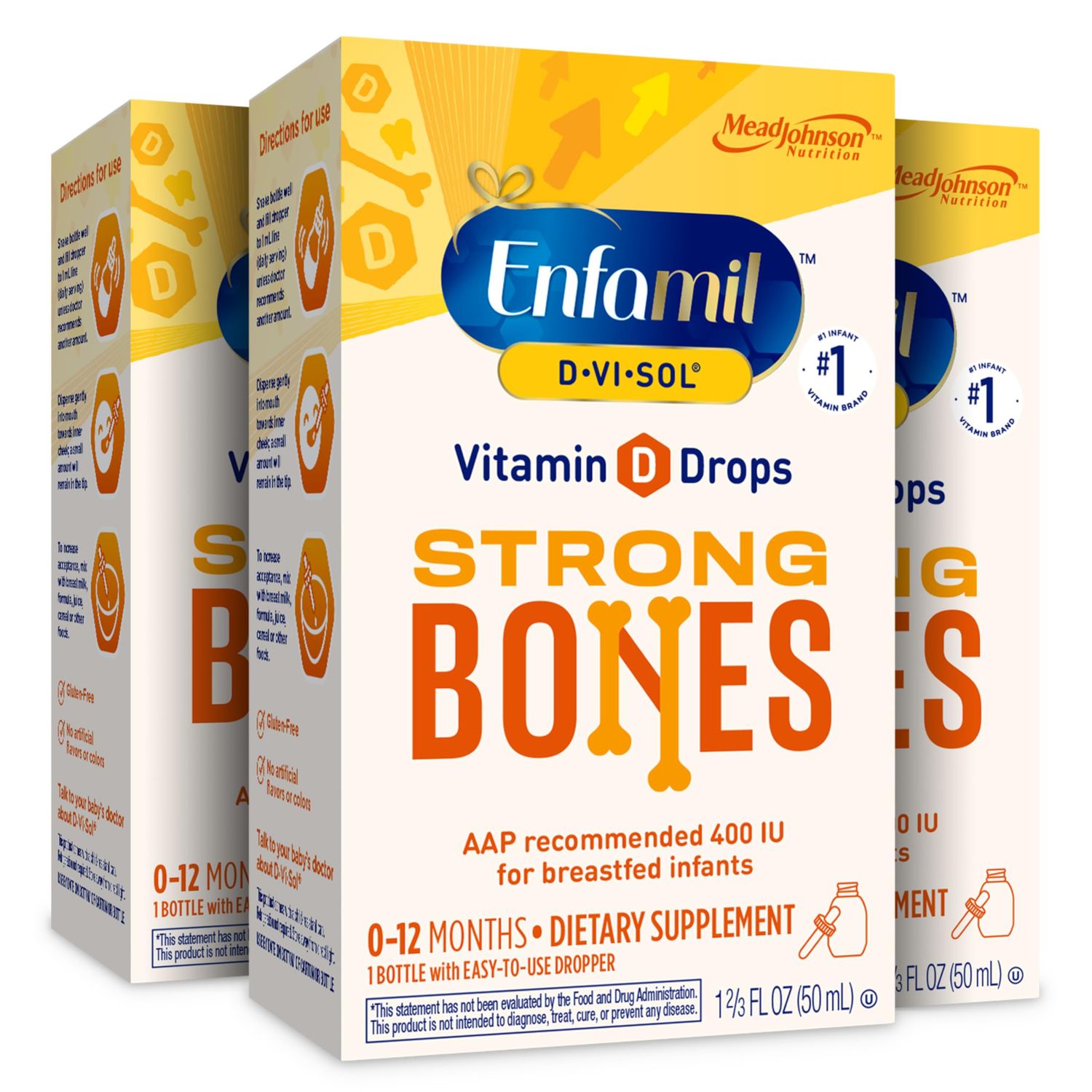 Enfamil Baby Vitamin D-Vi-Sol Vitamin D Liquid Supplement Drops for Infants, Supporting Strong Teeth &amp; bones in Newborn Babies, Easy-to-Use, Gluten-Free, 50 mL Dropper Bottle, Pack of 3