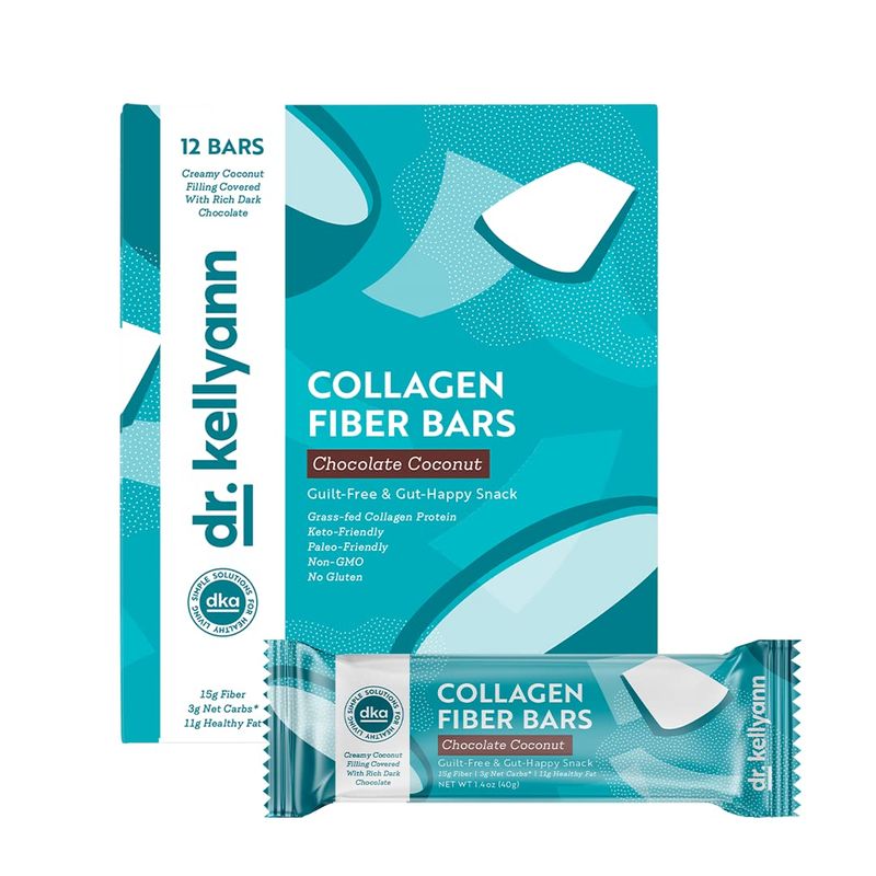 Dr. Kellyann Keto Collagen Fiber Bar (12 bars) - High Fiber, Low Carbs - Gluten Free, Non-GMO &amp; No Artificial Sweeteners - Perfect Keto &amp; Paleo Snack with Creamy Coconut Dipped in Dark Chocolate