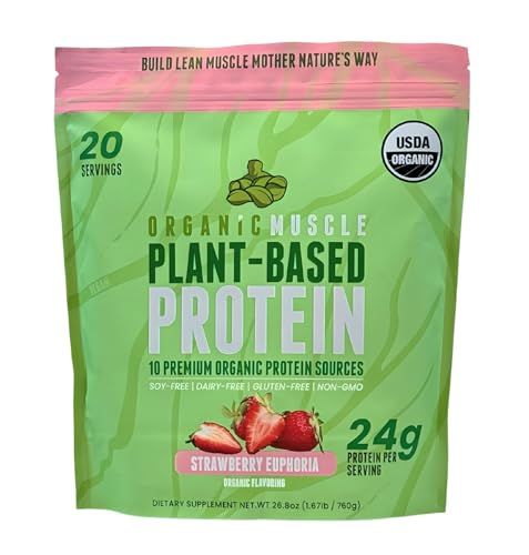 Organic Muscle Vegan Protein Powder - Plant Based Strawberry Multi-Sourced Protein Powder with Pea, Hemp, Brown Rice, Chia Seed &amp; Amino Acids - Low Calorie for Muscle Growth &amp; Speed Recovery