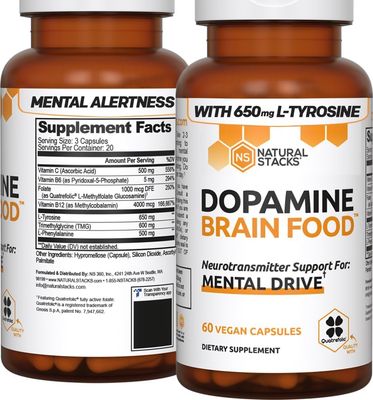 NATURAL STACKS Dopamine Focus Supplement w/L-Tyrosine - Promotes Mental Drive, Clarity &amp; Focus - Dopamine Brain Food Supplement - Supports Mental Energy - 60 Capsules