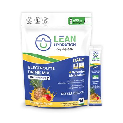 LEAN Hydration Daily Electrolyte Packets Drink Mix | Zero Calories, Zero Sugar Plus Vitamins, Minerals &amp; More | 16 ct (Pineapple Mango)