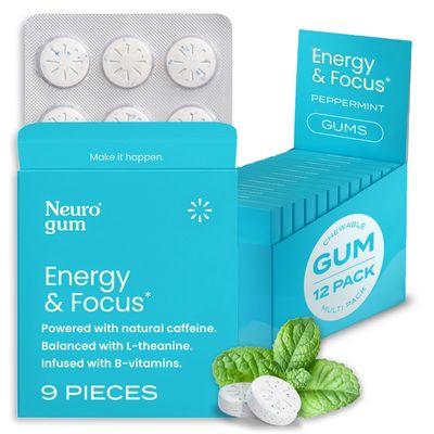 NeuroGum Energy Caffeine Gum (108 Pieces) - Sugar Free with L-theanine + Natural Caffeine + Vitamin B12 &amp; B6 - Nootropic Energy &amp; Focus Supplement for Women &amp; Men - Keto &amp; Vegan, Peppermint Flavor