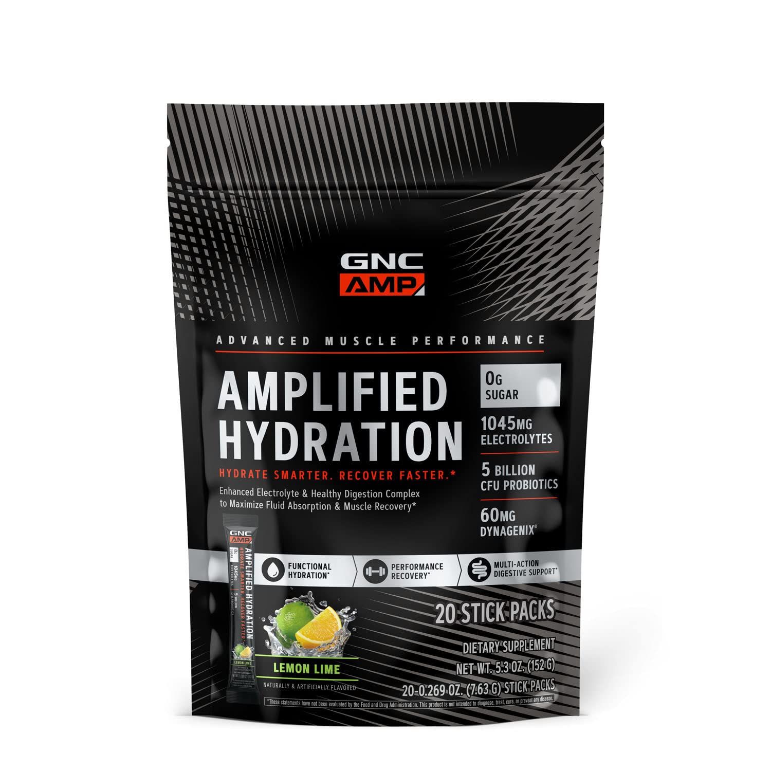 GNC AMP Amplified Hydration | Enhanced Electrolyte &amp; Healthy Digestion Complex | Lemon Lime | 20 Count
