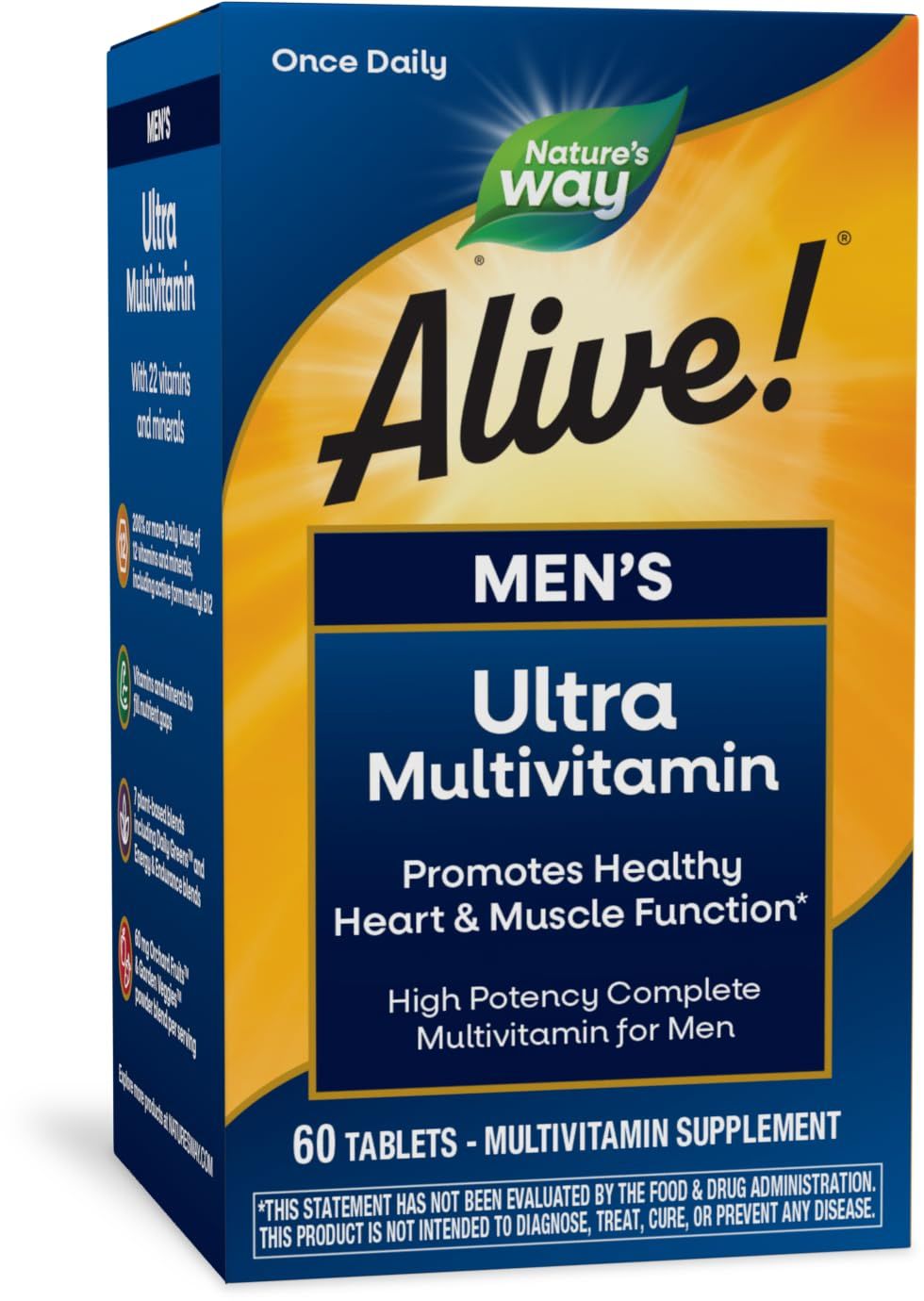 Nature&#39;s Way Alive! Men&#39;s Daily Ultra Multivitamin, High Potency Formula, Promotes Healthy Heart &amp; Muscle Function*, with Methlyated B12, Gluten Free, 60 Tablets (Packaging May Vary)