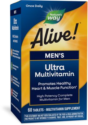 Nature&#39;s Way Alive! Men&#39;s Daily Ultra Multivitamin, High Potency Formula, Promotes Healthy Heart &amp; Muscle Function*, with Methlyated B12, Gluten Free, 60 Tablets (Packaging May Vary)