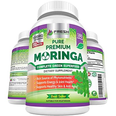 FRESH HEALTHCARE Moringa Oleifera 180 Capsules - 100% Pure Leaf Powder - 3 Month Supply - Non GMO and Gluten Free - Complete Green Superfood Supplement - Energy, Metabolism and Immune Support