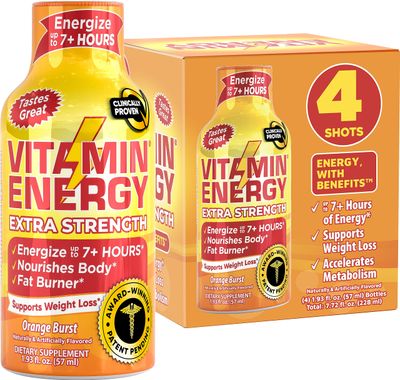 Vitamin Energy Extra Strength Energy Drink Shots | Natural Nutrients to Energize &amp; Support Immune System | Sugar &amp; Carb-Free | Immunity Formula | up to 7+ Hours | Orange Burst- 1.93 fl oz - Pack of 4