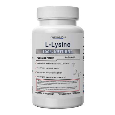 Superior Labs - Best L-Lysine NonGMO - Dietary Supplement -500 mg Pure Active L-Lysine - 120 Vegetable Capsules - Supports Calcium Absorption - Immune System & Respiratory Health Support