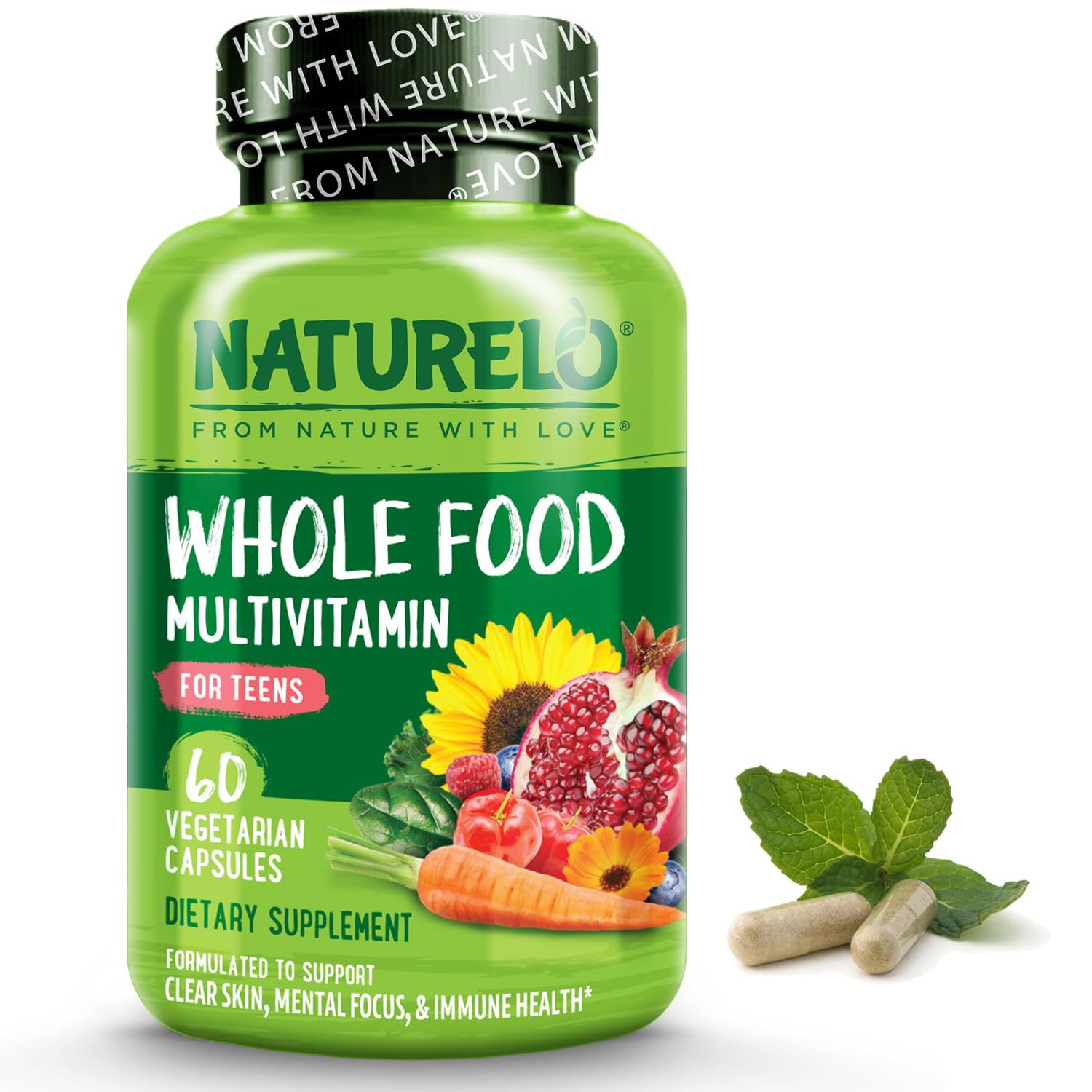 NATURELO Whole Food Multivitamin for Teens - Vitamins and Minerals for Teenage Boys and Girls - Supplement for Active Kids - with Organic Whole Foods - Non-GMO - Vegan &amp; Vegetarian - 60 Capsules