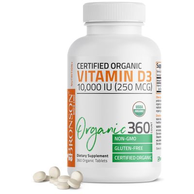 Bronson Vitamin D3 10,000 IU (250 mcg) Immune Support, Healthy Muscle Function &amp; Bone Health, High Potency Organic Non-GMO Vitamin D Supplement, 360 Tablets