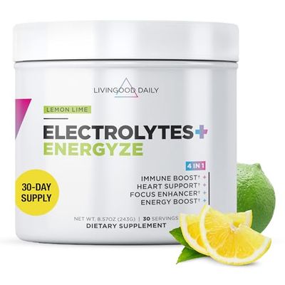 Livingood Daily Electrolytes Powder with Energyze (Lemon Lime) - No Sugar Electrolyte &amp; Hydration Powder Drink to Replenish &amp; Energize The Body - Keto, Vegan, &amp; Sugar-Free Dietary Supplement