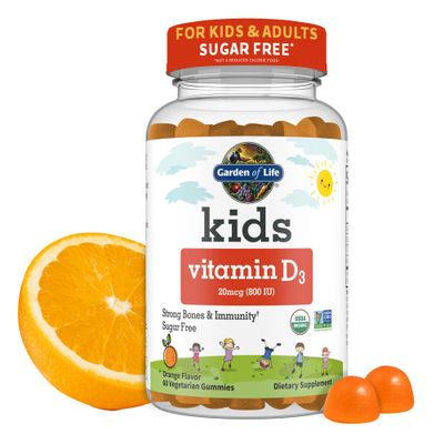 Garden of Life Kids Organic Vitamin D3 Gummies with 800 IU (100% Daily Value) for Strong Bones, Teeth, Brain &amp; Immunity - Non-GMO, No Gluten, Vegetarian, Sugar Free, Orange Flavor, 60 Servings