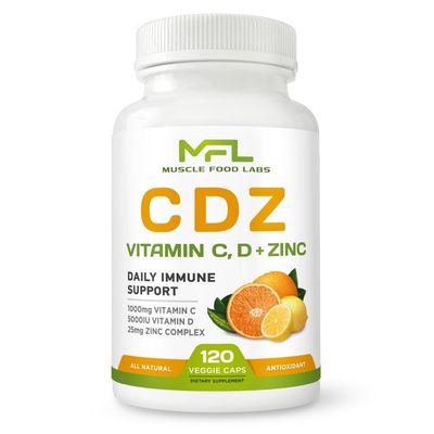 MUSCLE FOOD LABS | C D Z | Vitamin C, 1000mg | Vitamin D3, 125mcg | Zinc, 25mg | Non-GMO &amp; Gluten Free | 120 Vegetarian Capsules |120 Servings