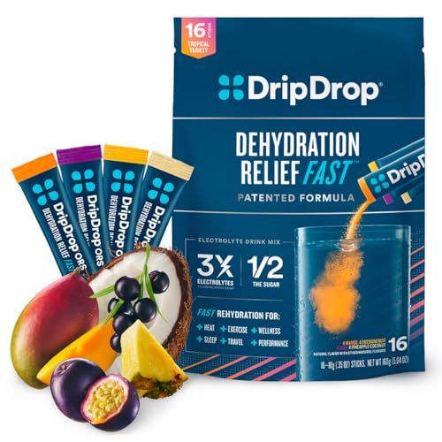 DripDrop Hydration - Tropical Variety Pack - Electrolyte Drink Mix Single Serve Hydration Powder Packets - Mango, Aa, Passion Fruit, Pineapple Coconut | Non-GMO, Gluten Free, Vegan | 16 Sticks