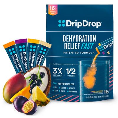 DripDrop Hydration - Tropical Variety Pack - Electrolyte Drink Mix Single Serve Hydration Powder Packets - Mango, Aa, Passion Fruit, Pineapple Coconut | Non-GMO, Gluten Free, Vegan | 16 Sticks