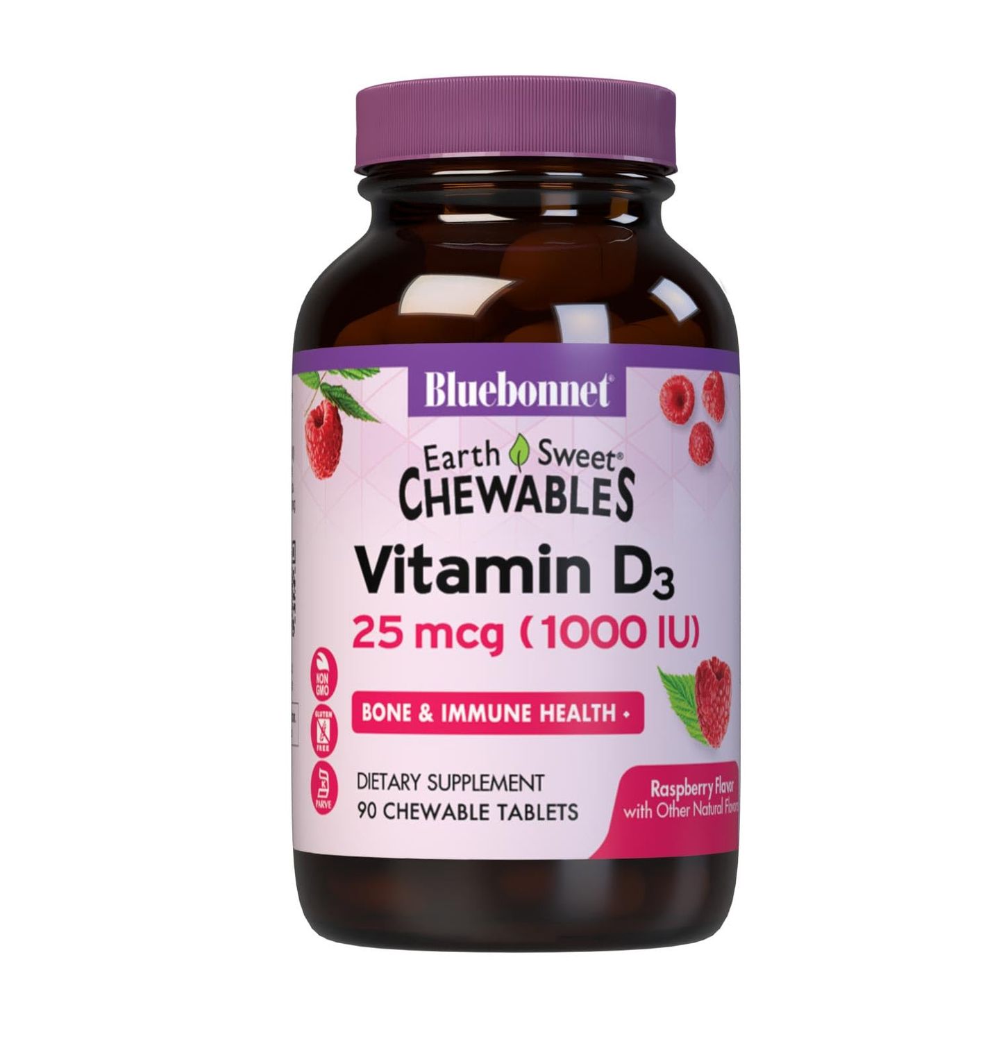 BlueBonnet Nutrition Earth Sweet Vitamin D3 1000 IU Chewable Tablets, Raspberry, 90 Count