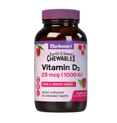 BlueBonnet Nutrition Earth Sweet Vitamin D3 1000 IU Chewable Tablets, Raspberry, 90 Count
