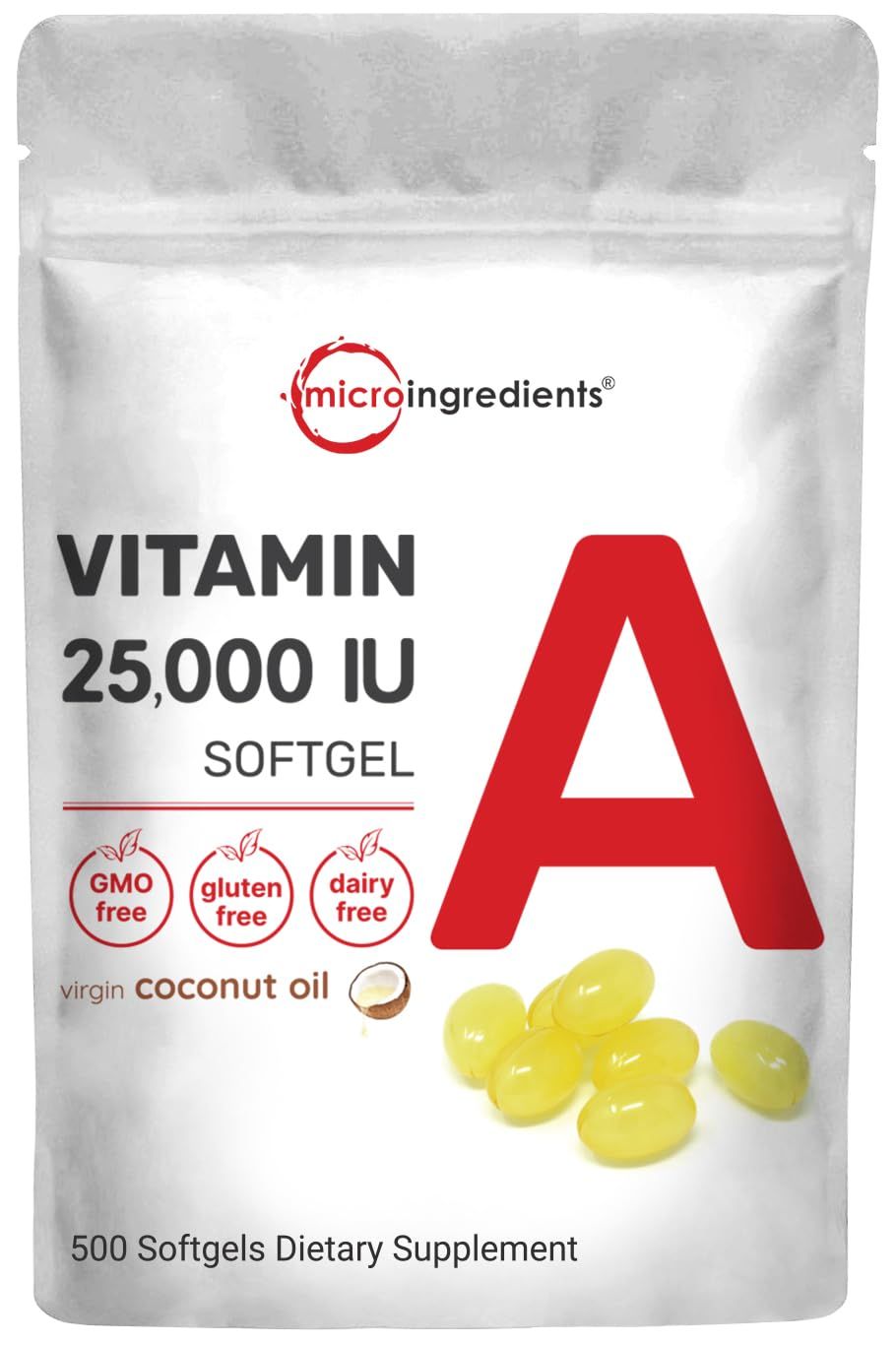 Micro Ingredients Maximum Strength Vitamin A 25000 IU | 500 Softgels with Coconut Oil for Better Absorption | Essential Vitamins for Vision, Growth, &amp; Reproduction | Non-GMO, Easy to Swallow