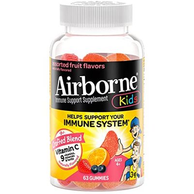 Airborne KIDS 500mg Vitamin C Gummies, Kids Immune Support Zinc Gummies With Powerful Antioxidants Vit C &amp; E - 63 , Assorted Fruit Flavor