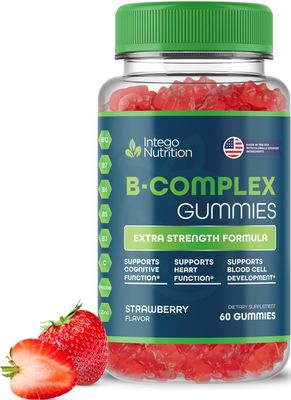 INTEGO NUTRITION Vitamin B Complex Gummies for Adults, B Complex Vitamin Supplement for Women and Men, B Vitamins Complex Gummies for Energy and Brain Health, Natural Strawberry Flavor, 60 Count