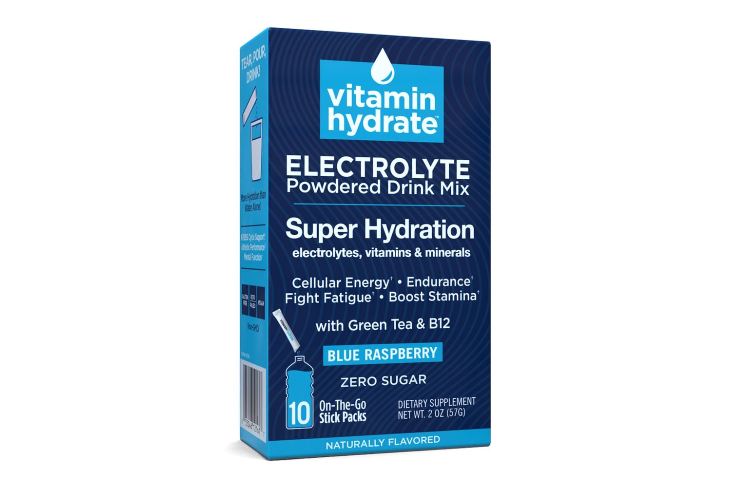 Vitamin Hydrate Electrolyte Powdered Drink Mix, Super Hydration, Boost Stamina &amp; Fight Fatigue, Bursting with Electrolytes, Vitamins &amp; Minerals, 0 Sugar, Blue Raspberry, 10 Stick Packs