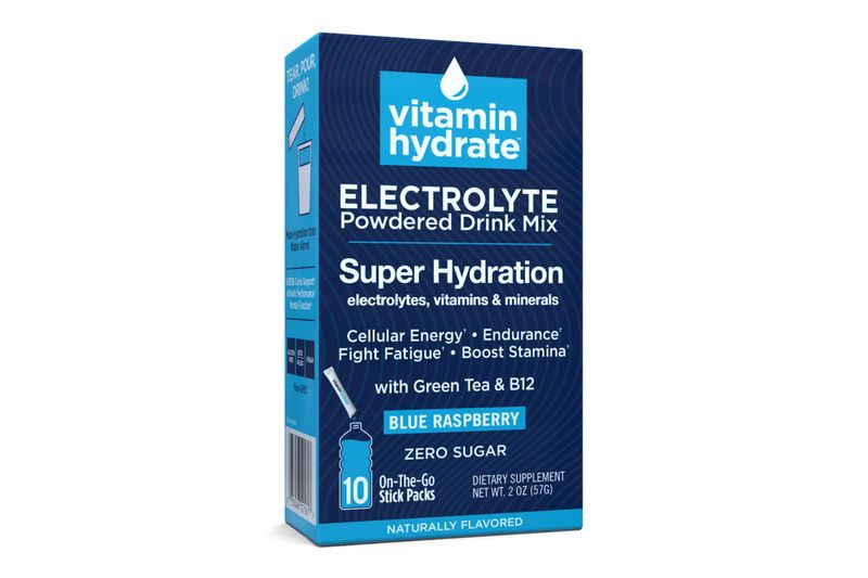 Vitamin Hydrate Electrolyte Powdered Drink Mix, Super Hydration, Boost Stamina &amp; Fight Fatigue, Bursting with Electrolytes, Vitamins &amp; Minerals, 0 Sugar, Blue Raspberry, 10 Stick Packs