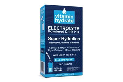 Vitamin Hydrate Electrolyte Powdered Drink Mix, Super Hydration, Boost Stamina & Fight Fatigue, Bursting with Electrolytes, Vitamins & Minerals, 0 Sugar, Blue Raspberry, 10 Stick Packs