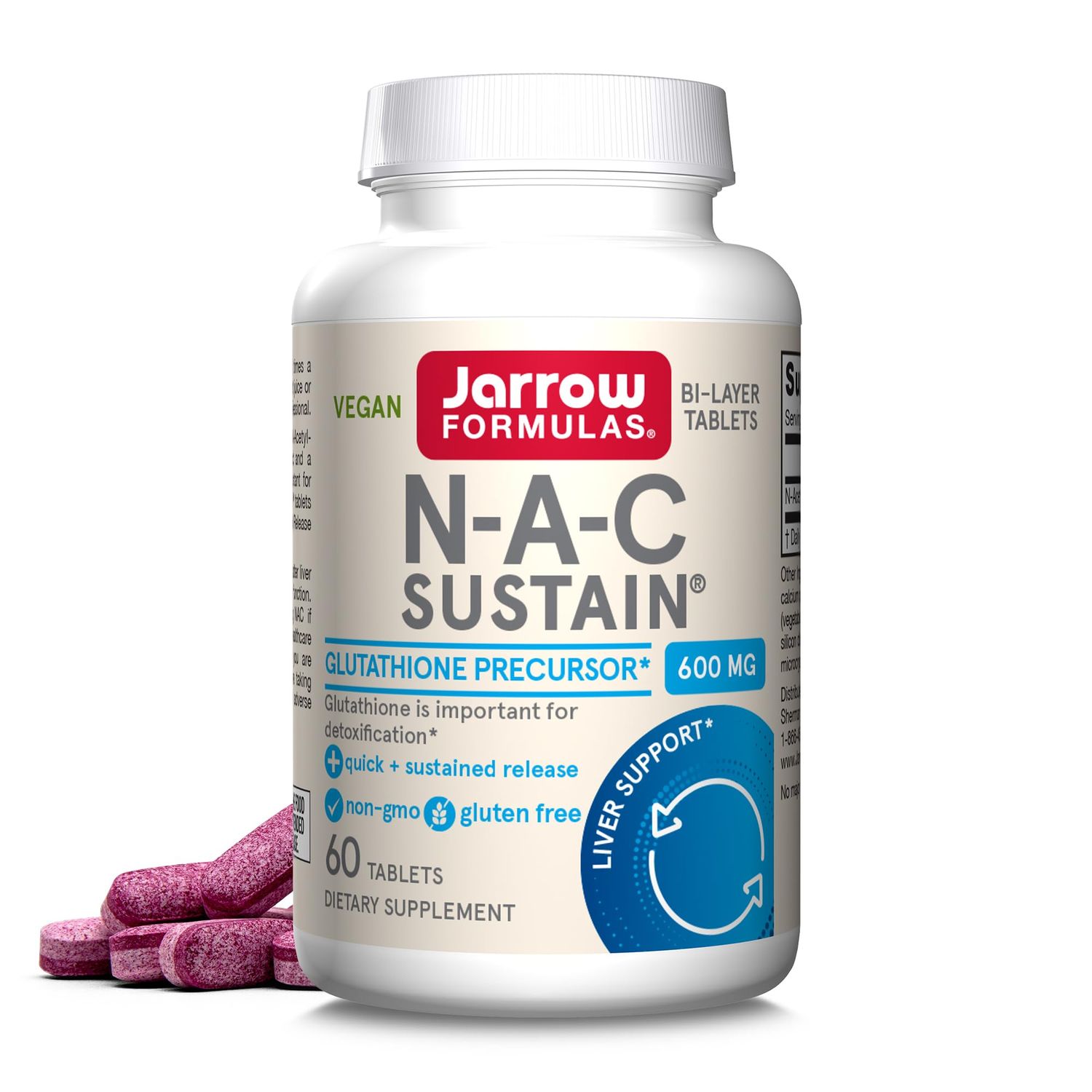 Jarrow Formulas N-A-C Sustain 600 mg, Dietary Supplement, Amino Acid Support for Liver Health and Antioxidants, 60 Tablets, 60 Day Supply